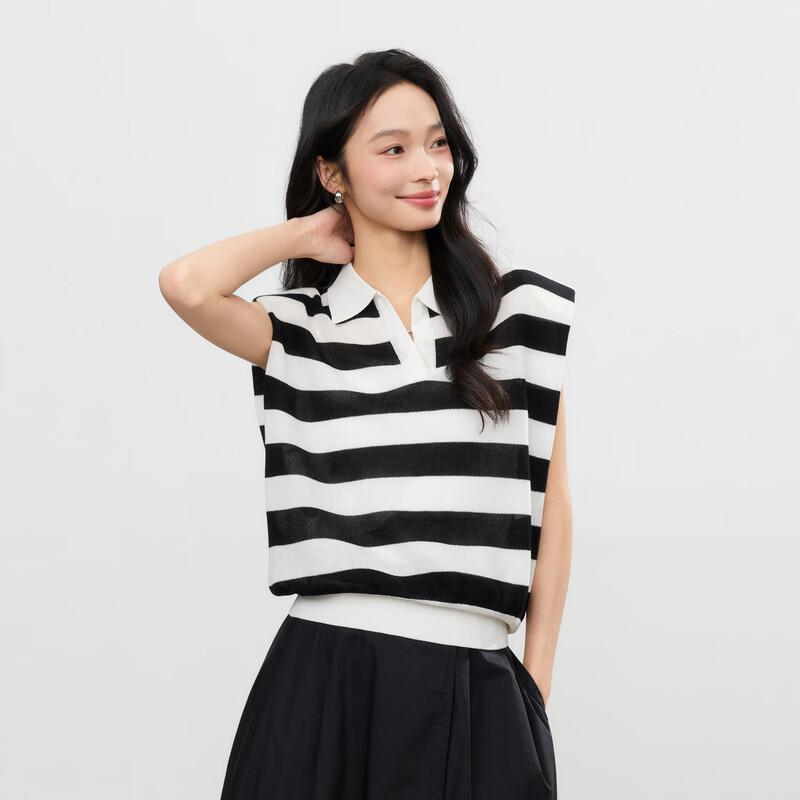 Elva  Island Striped Lapel Sleeveless Knit Top M
