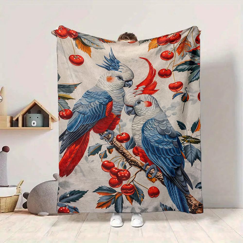 1pc Parrot Cherry Lightweight Flannel Blanket, Comfortable and Warm Blanket, for Office and Camping Sofa Bed161
