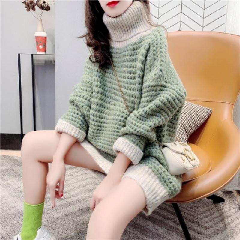 Pulover cu gât înalt pentru femei toamnă și iarnă largi purtând pulover occidentalizat coreean de lungime medie, top feminin