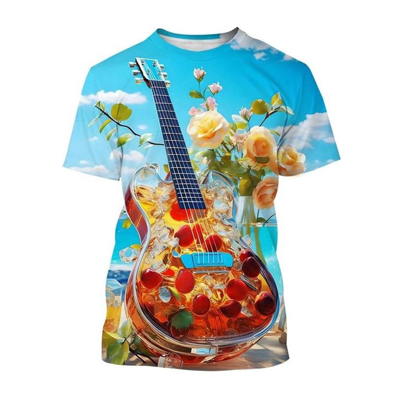 Camiseta con estampado 3D de arte de guitarra creativa, patrón de instrumento musical, camiseta de manga corta con cuello redondo para hombres, camisetas casuales