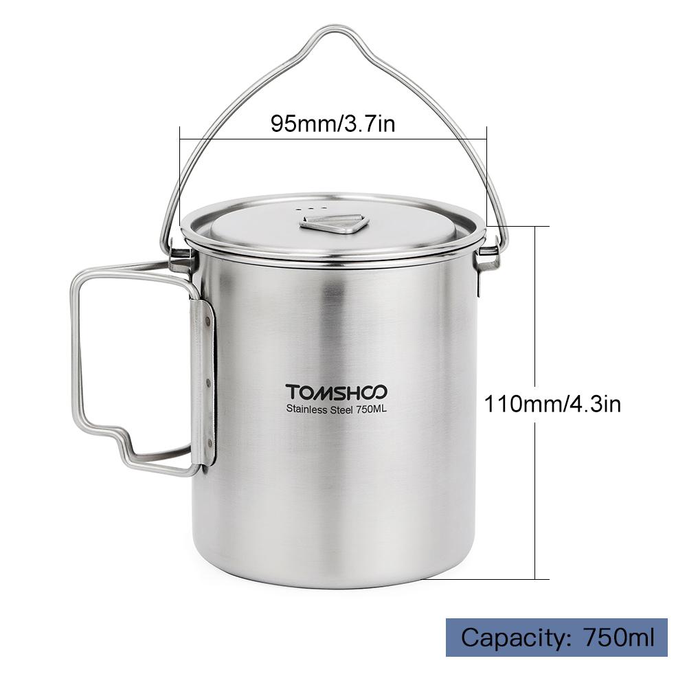 TOMSHOO 750 ml Edelstahl-Topf, tragbarer Wasserbecher, Tasse mit Deckel und faltbarem Griff, Outdoor, Camping, Kochen, Picknick