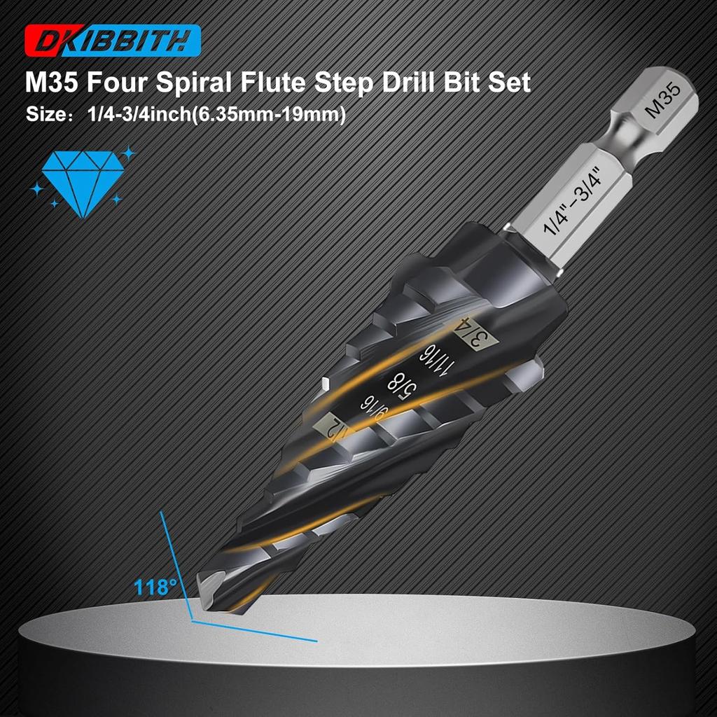 3-pc Step Drill Bit Set for Metal Wood 1/8"-7/8", 4-Spiral Flutes, M35 HSS Cobalt Unibits, 1/4" Hex Shank, Al-Ti-N Coated Drill Bits for 19 SAE Size
