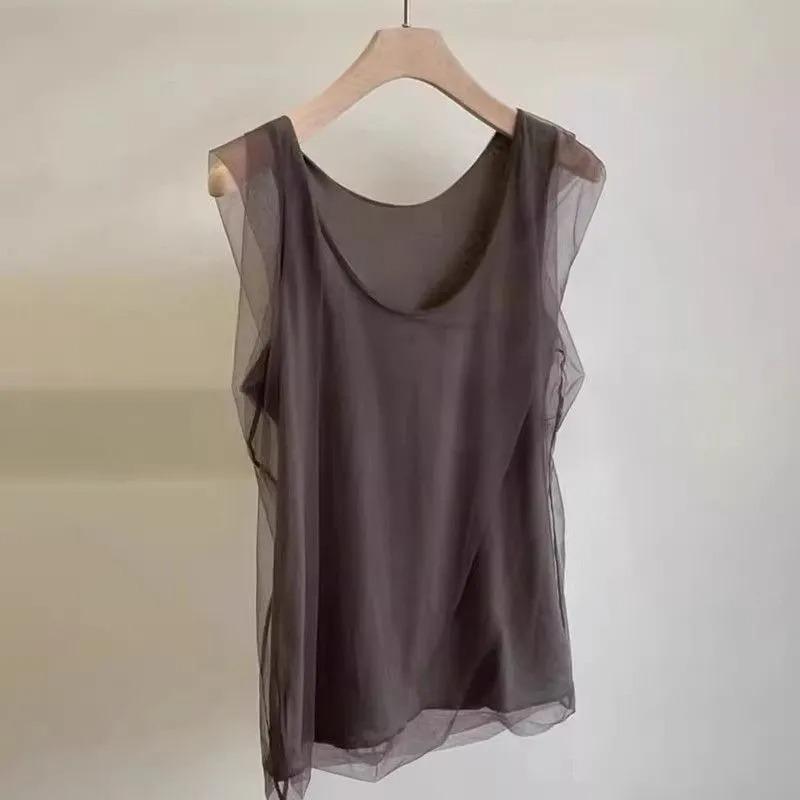 

Women s Solid Dark Grey Sheer Mesh Overlay Sleeveless Two Piece Tank Top M кавовий