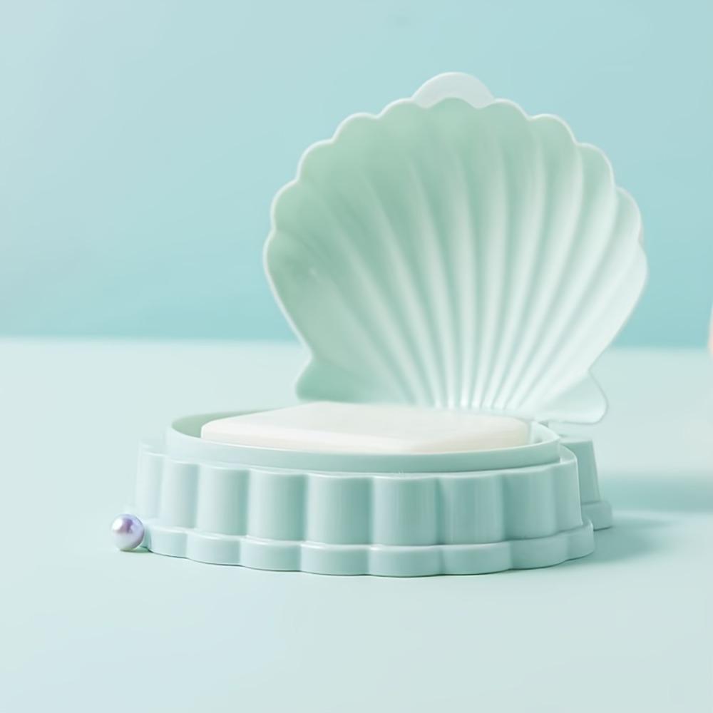 1pc Shell-Shaped Soap Box with Flip Lid, Cute Seashell Design, Drainage Holes & Snap-Fit Cover, Decorative Bathroom Organizer
