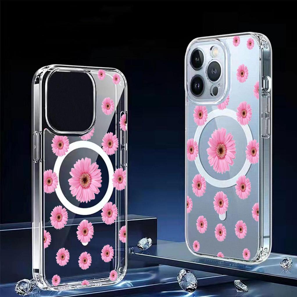 Pink Daisy Magnetic Transparent Case for iPhone 15/16/17 Pro Max