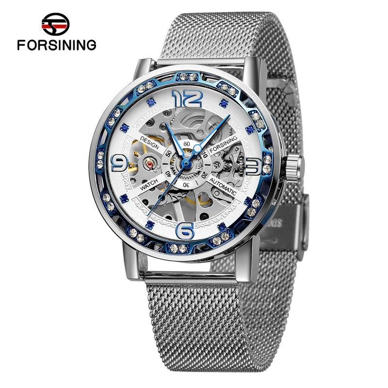 

Популярные мужские часы известного бренда Forsining 2025 года, роскошные модные часы-скелетоны для мужчин и женщин, нержавеющая сталь, золотые механические часы синий/серебряный