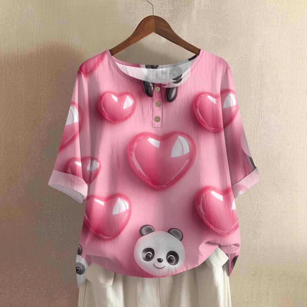 Damska koszulka z nadrukiem na Walentynki, casualowa, z krótkim rękawem, okrągłym dekoltem, z bawełny i lnu