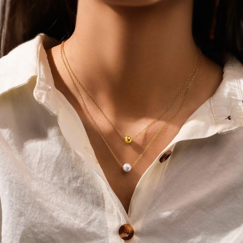 Adjustable 18K Gold Plated Sterling Layered Pearl Bead Pendant Necklace Women O-Link Chain Daily Fashion Jewelry