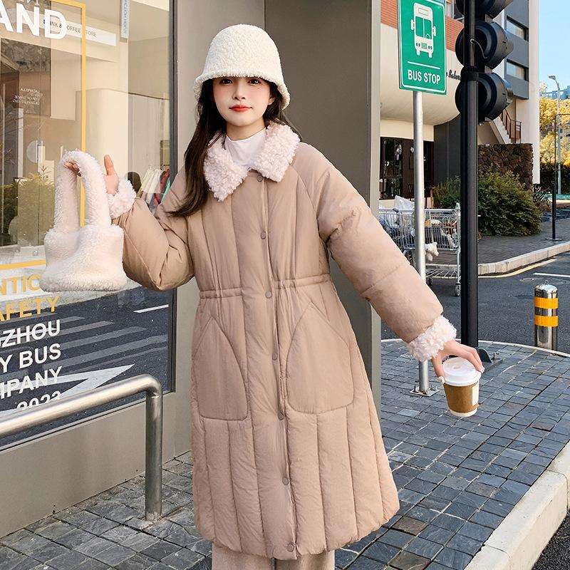 

New lamb wool collar waist women s long down cotton clothes solid color single-breasted loose coat XXL хаки
