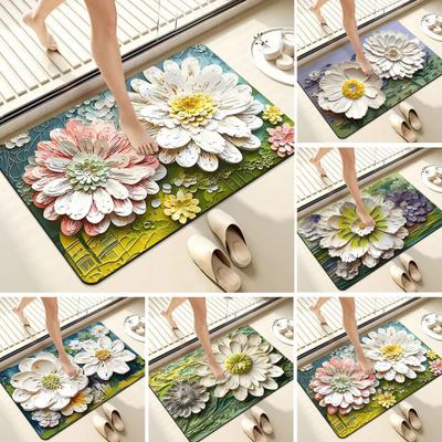 3D Floral Floor Mat Absorbent Diatomaceous Mud Rug Non-Slip Bathroom Entrance Carpet Quick Drying Mat for Living Room Kitchen