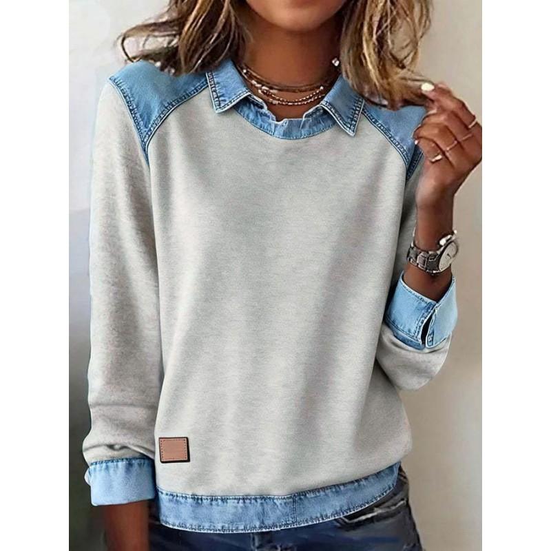 Womens Denim Collar Long Sleeve Knit Sweater Casual Streetwear Top