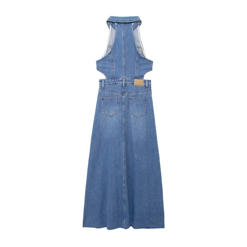 Fashion Style 2024 Summer New Arrival Female Adult Lady like Woman Vacation Style Cut Out Slit Denim Dress Uwh864