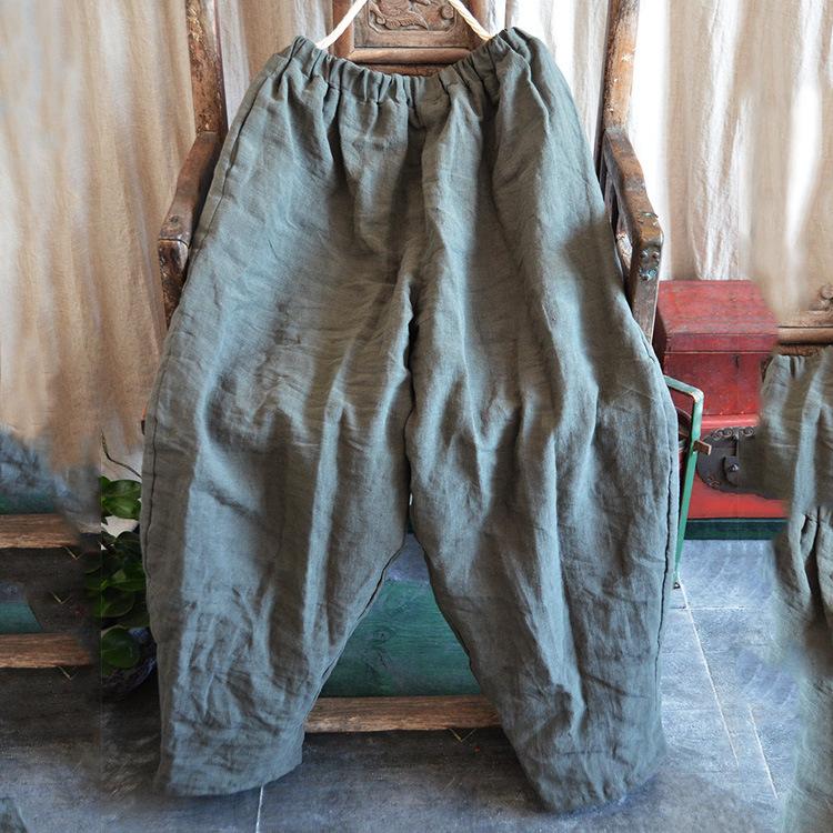 Johnature Women Winter Wide Leg Pants Cotton Linen Warm Trouser Solid Color Elastic Waist Pockets Vintage Female Pants
