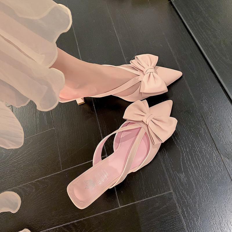 Pink French bow with skirt sandals pointed foreign style beautiful comfortable high heel bag head half slippers summer wear