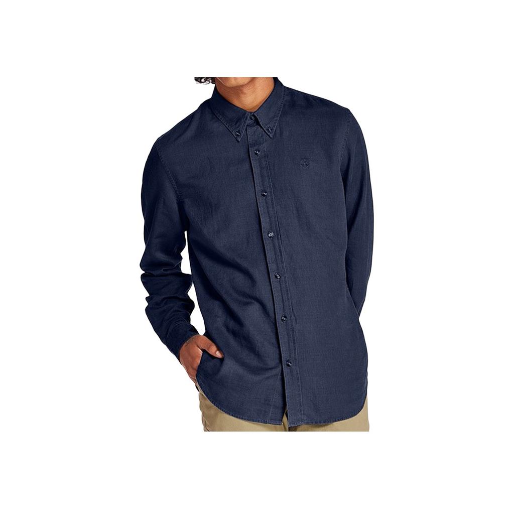 Timberland Embroidered Logo Curved Hem Long Sleeve Shirt Men shirts Dark-Blue A1SHF433