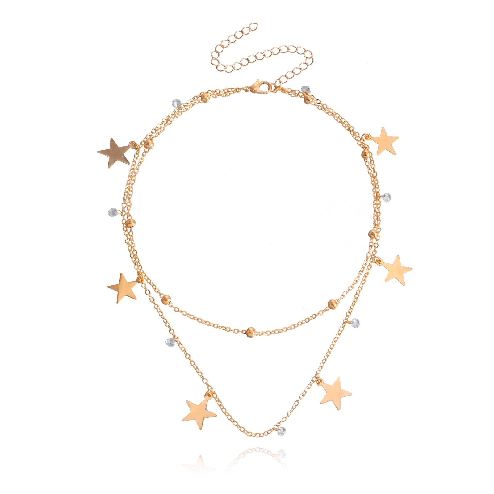 

European and American jewelry, trendy double-layer collarbone chain, five-pointed star pendant, necklace, women s ins metal style necklace, versatile. золотий