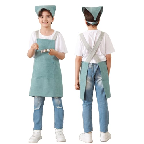 JIAHU Kids Apron Set for Boys and Girls, Easy to Wear, Includes Triangle Scarf and Linen Apron, Suitable for Elementary and Middle School Students, St