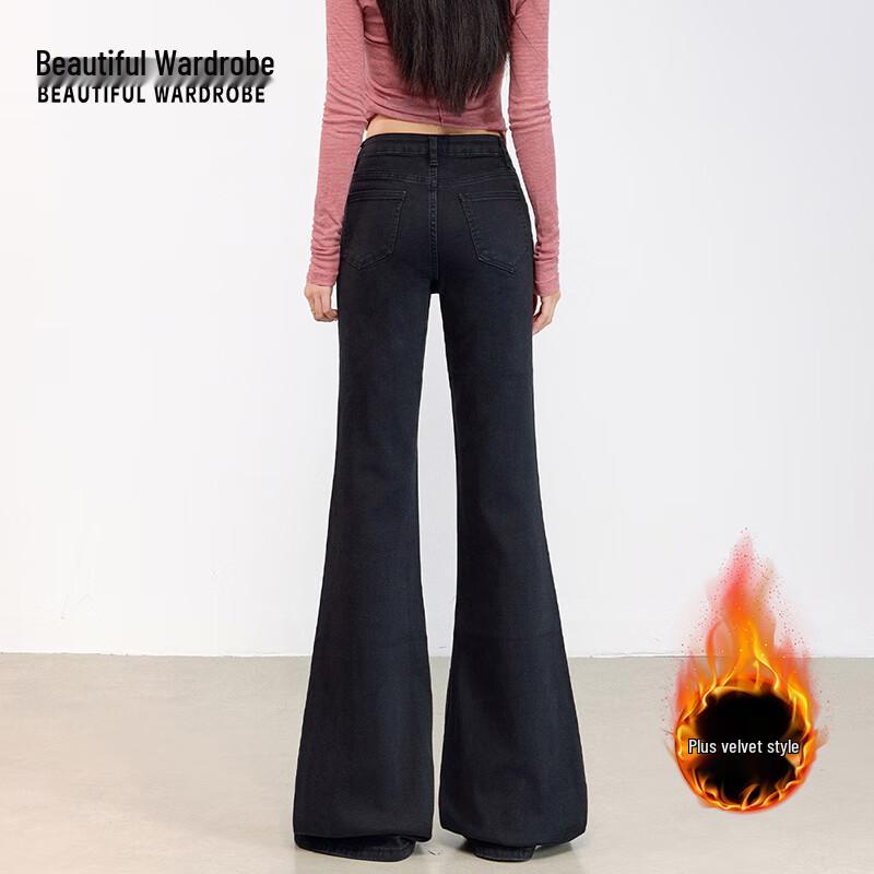 Beautiful Wardrobe Women's Black High-Waist Fleece-Lined Flare Jeans