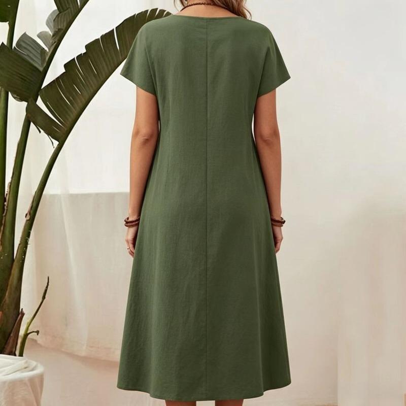 Summer Pockets Casual Dress New Plus Size Solid Color Round Neck Short Sleeve Fashion Party Dress A-line Pleated Loose Slim Elegant Dresses Clothing