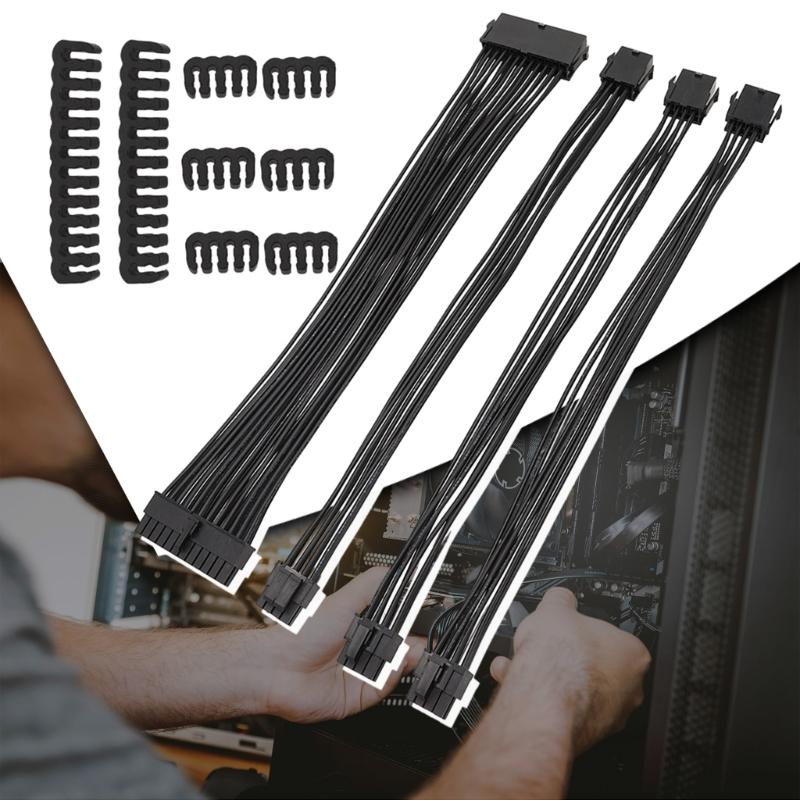 Mainboard Power Supply Extension Cable Kit 24Pin GPU 8Pin PCIE 6+2Pin CPU 8Pin 18AWG Power Cord Comb Holder
