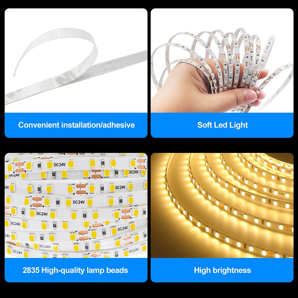 12V 24V 2835 LED Strip Light 120 LEDs/M Flexible Adhesive Non Waterproof Indoor Decoration Tape 5M 10M 13 Colors