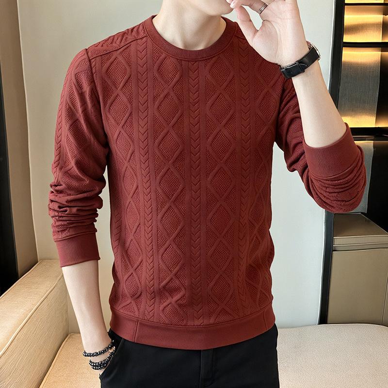 New Autumn and Winter Men's Hatless Sweatshirt Round Neck Pullover Jacquard Versatile Knitted Top Loose Long-sleeved Base Shirt Men