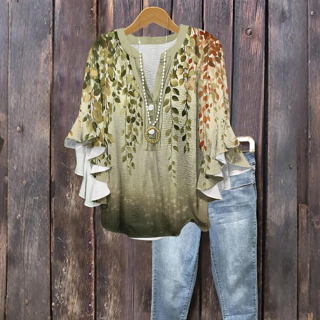 Tops For Women Cute Button V Neck 3/4 Sleeve Blouses Print Top Casual Shirts