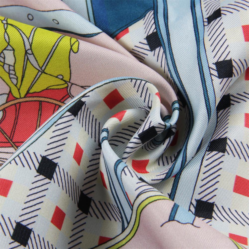 POBING Hand Rolled Twill Silk Scarf Women Horse Carriage Double Print Square Scarves Wraps Echarpes Foulards Femme Hijab 90CM