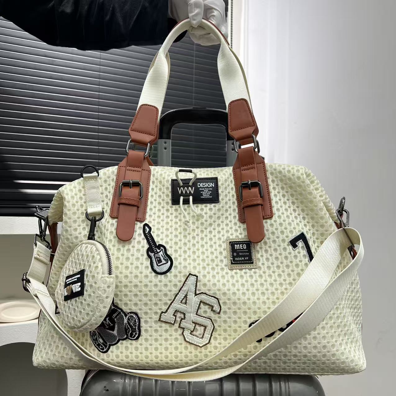 Fashiable women s mesh nyl adhesive tote bag, large capacity splicing shoulder bag, short distance travel casual handbag