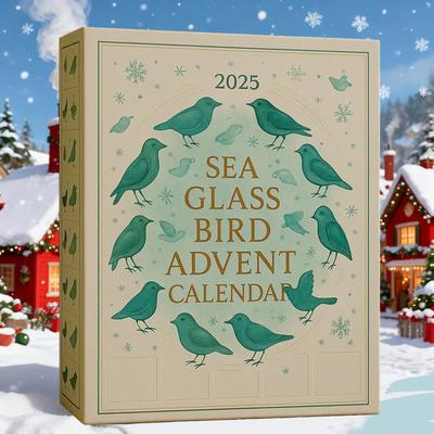 Seeglas Vogel Adventskalender 2025 Countdown Kalender 24 Tage mit Handgefertigten Seeglas Ornamenten für Weihnachtsbaum Heimdeko