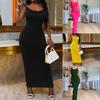 Women Sexy Low Cut U Neck Bodycon Solid Spaghetti Strap Long Dress