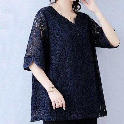 Γυναικεία μπλούζα με λαιμόκοψη σε σχήμα V Oversize Μπλούζα δαντέλα σιφόν Καλοκαιρινή κοντομάνικη μπλούζα για γυναίκες