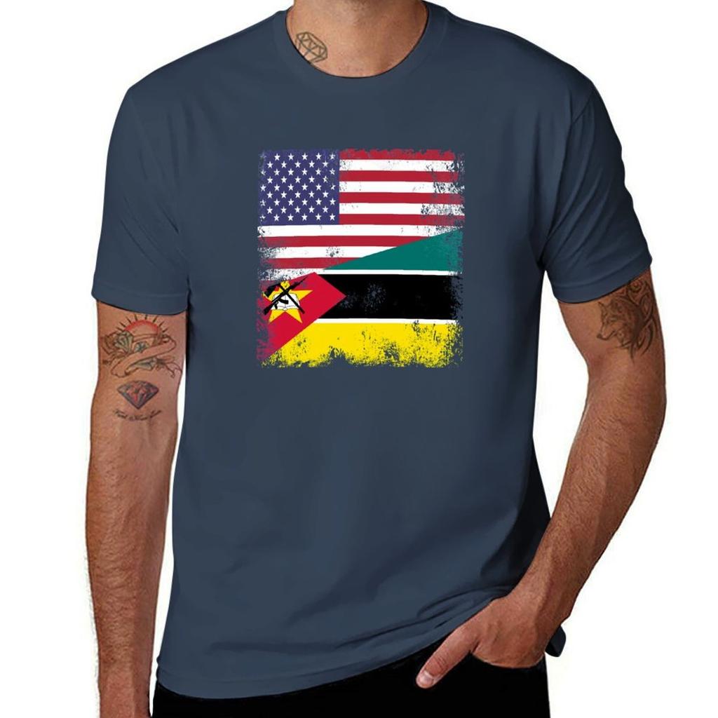 Half Mozambican Flag Design Vintage Mozambique USA Gift TShirt t shirts for man cotton soft man t shirts graphic TShirt