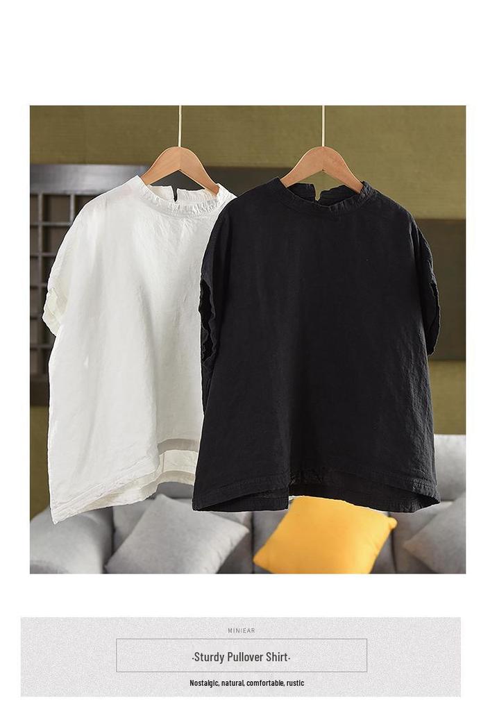 Damen Plus Size Weißes Leinen Sommerhemd - Japanischer Retro, Einfacher Luxus