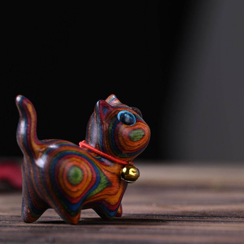 Hot Cute Colored Wooden Cat Ornaments Rainbow Wood Carving Cat Sculptures Small Cat Model Ornaments Desktop Office Accessories
