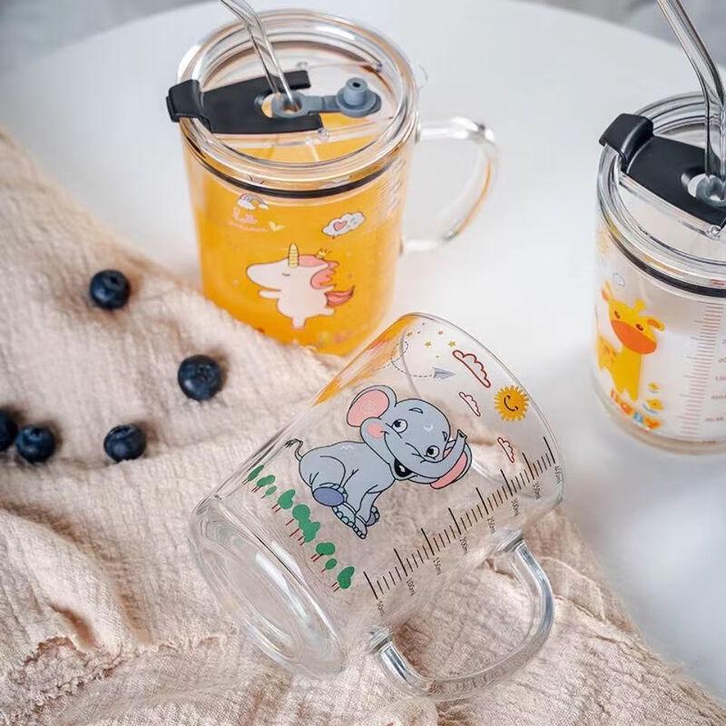 Children's Cartoon Glass Straw Water Cup with Handle