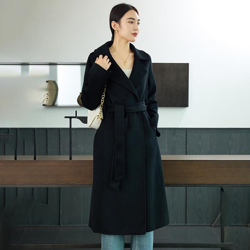 Women's Extra-Long Slim-Fit Over-the-Knee Double-Faced 100% Wool Queen Style Trench Coat for Autumn/Winter