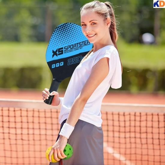 KNK Pickleball Set - 1 Wood Paddle, 2 Weatherproof Balls, and a Protective Cover - Light Blue