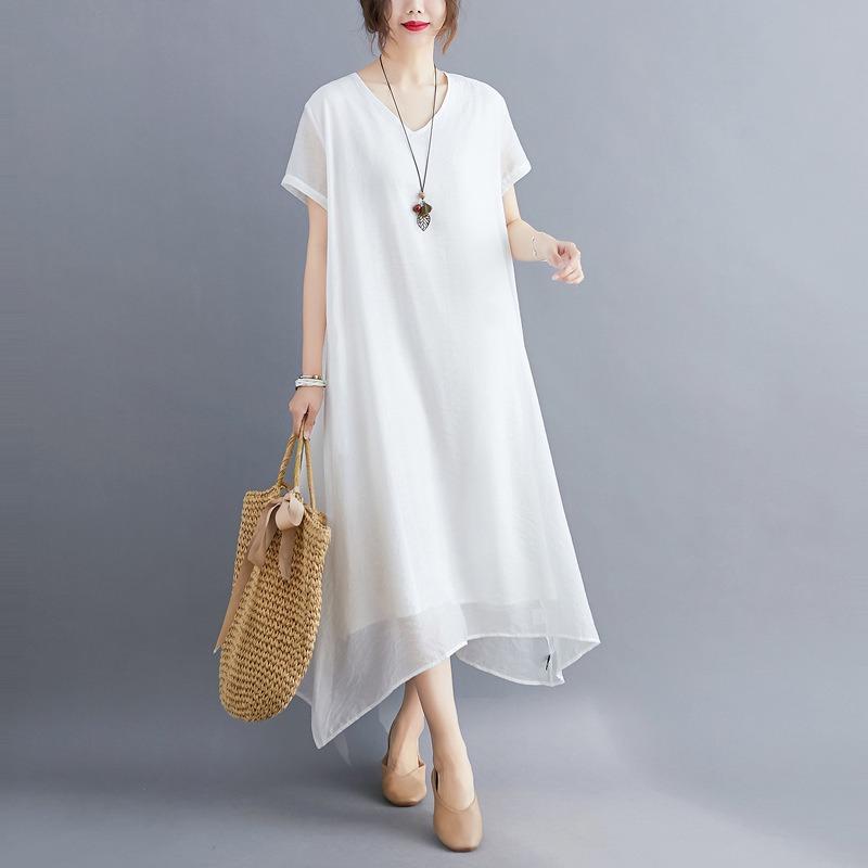 A Woman In A Solid V-neck Dress for Summer