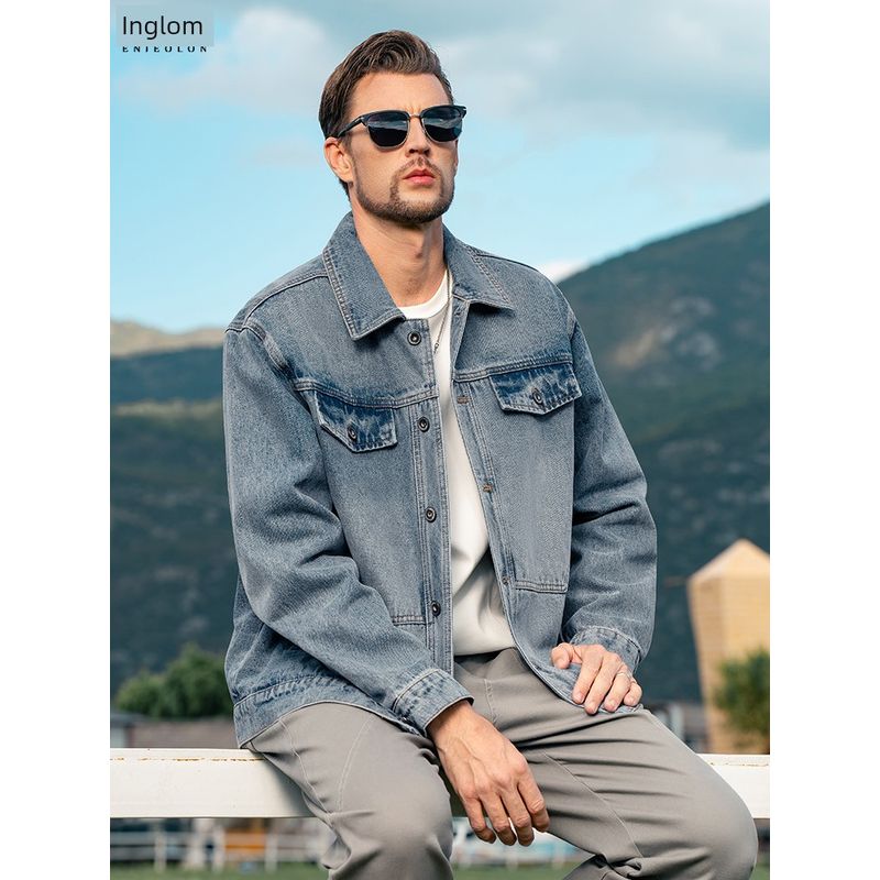 Yingjuelun Autumn and Winter Vintage Washed Distressed Lapel Denim Jacket Men's American High Street Workwear Denim Jacket Trendy