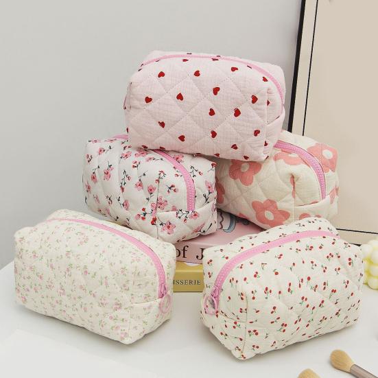 Girls Quilted Cosmetic Bag Makeup Floral Soft Pencil Brush Organizer Case Zippered Cosmetic Pouch for Women