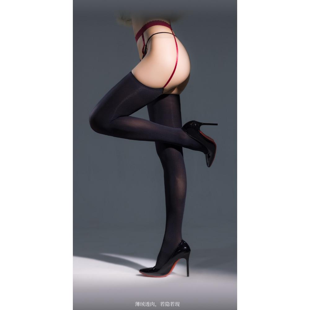 European and American Cross-border Sexy Suspender Integrated Socks 80D Velvet Thermal Long Tube Red Edge Black Silk Sex Stockings Large Size