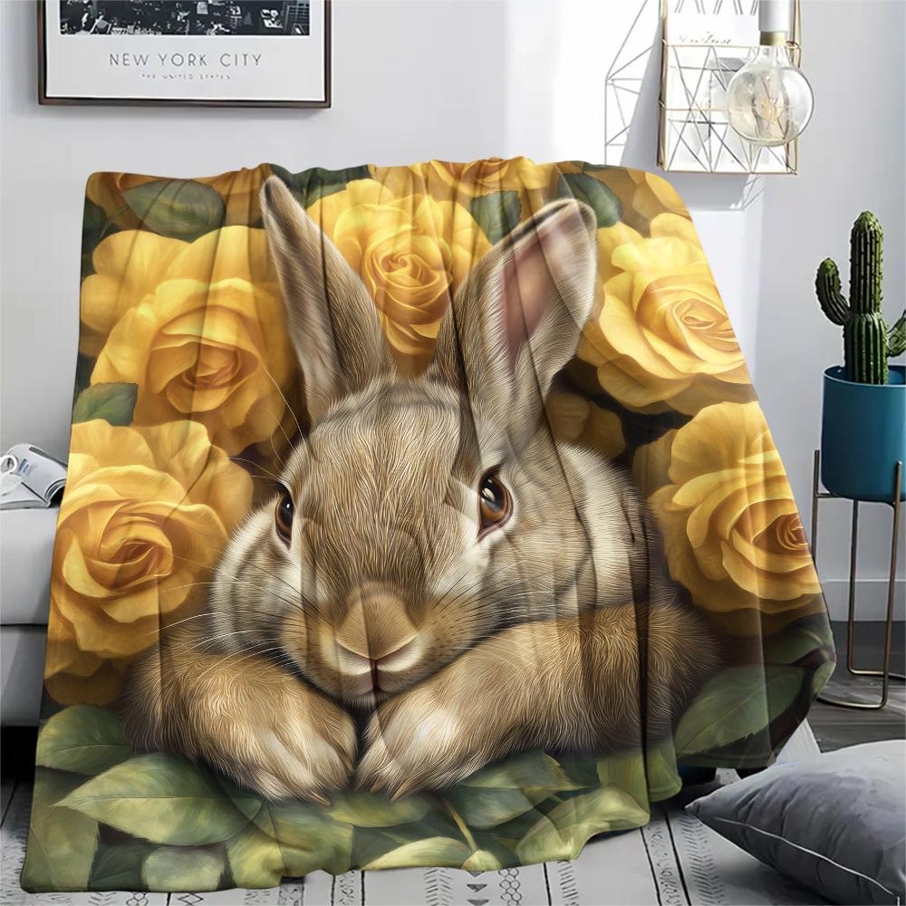 Rabbit and Flowers pattern Flannel Blanket, High quality Comfortable for All Seasons, Home Decor, Warmth and Comfort, Perfect for Gifts.