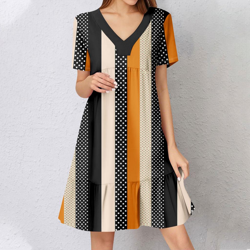 Womens Summer Dress Short Sleeve V Neck Short Dresses Fashion Casual Flowy Boho Ruffle A Line Swing Sundress