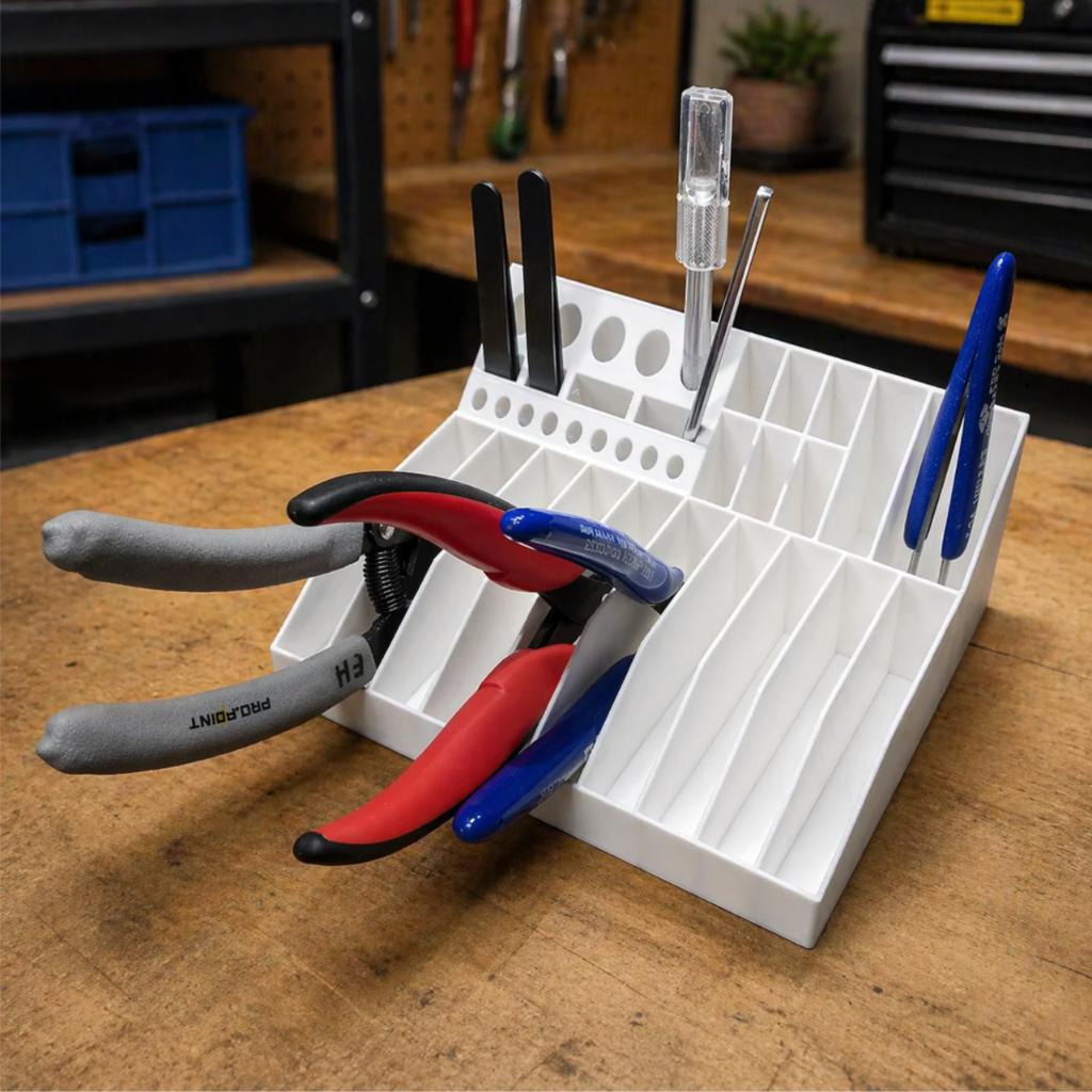 White workshop tool organizer for screwdrivers and pliers
