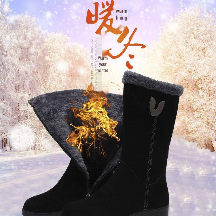 Women's High-Top Mid-Calf Snow Boots, Velvet-Lined, Non-Slip, Lightweight, Warm, Flat Bottom.