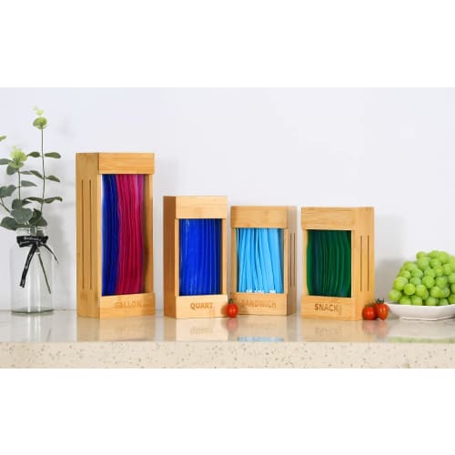 Ziploc Bag Storage Organizer, 4-Piece Sandwich Bag Organizer, Premium Bamboo Plastic Bag Organizer for Drawers, Perfect for Gallons, Quarts, Sandwiche