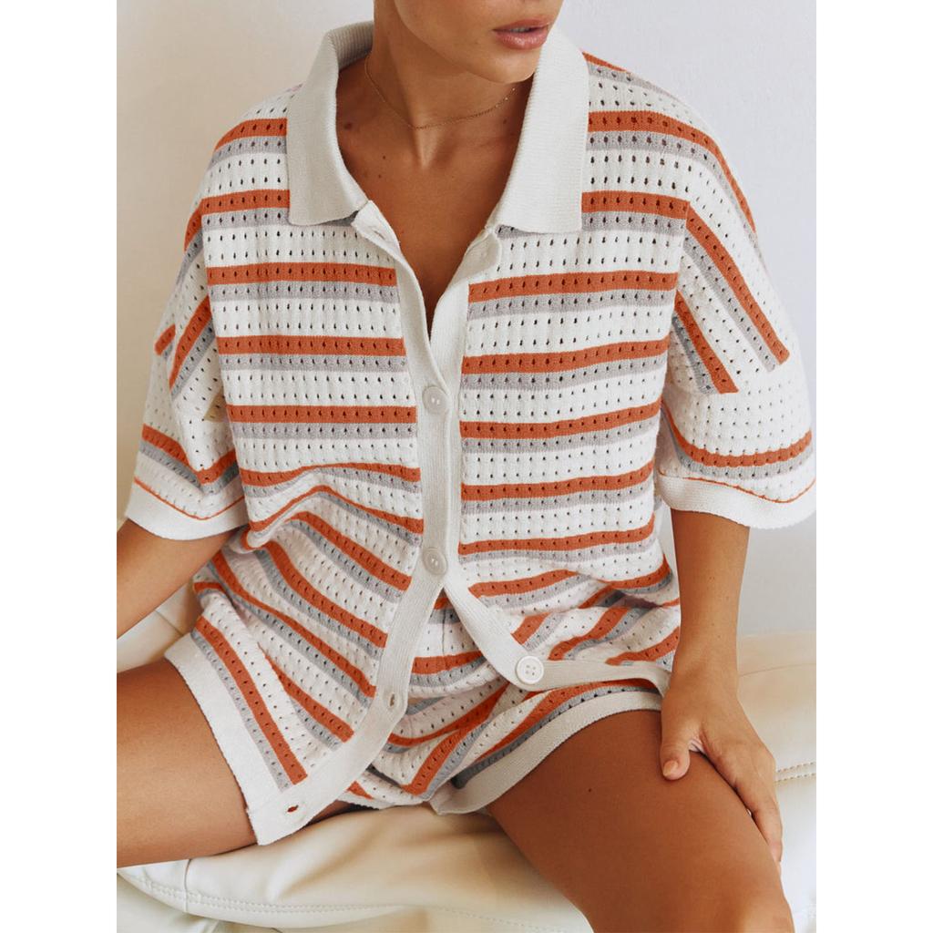 Knitted Women Two Piece Shorts Outfits Loungewear Suits Stripe Contrast Color Button Crochet Tops and Shorts Matching Sets