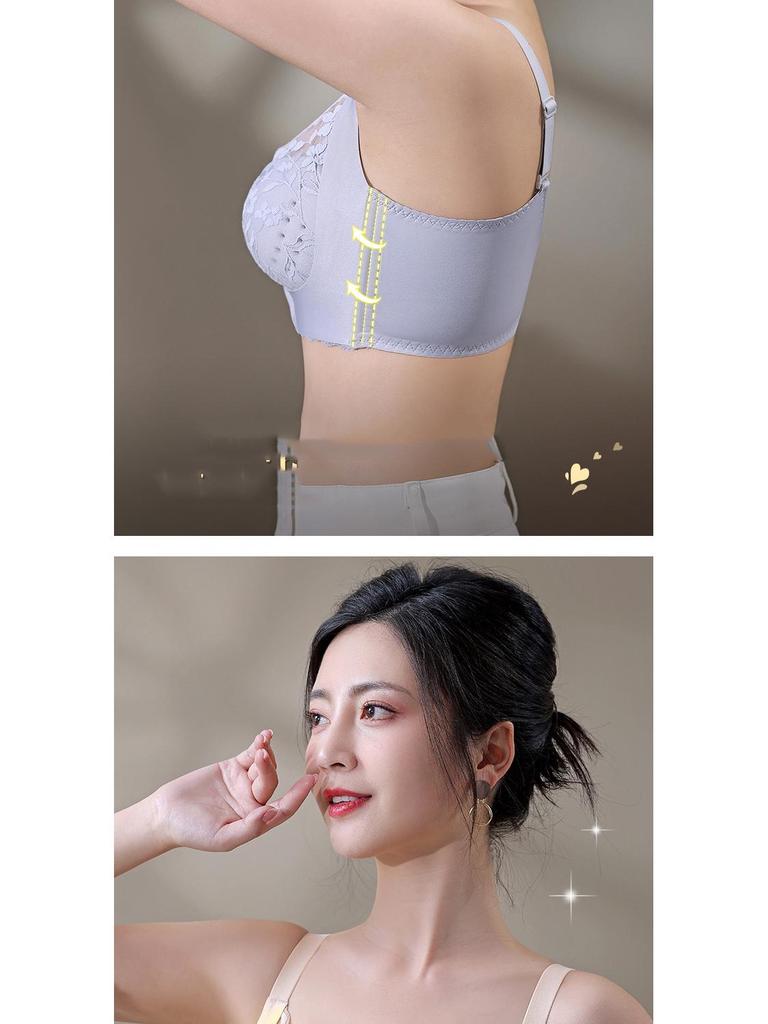 Women's Front Buckle Push-Up Lace Bra with Side Support, Anti-Sagging for Small Chest
