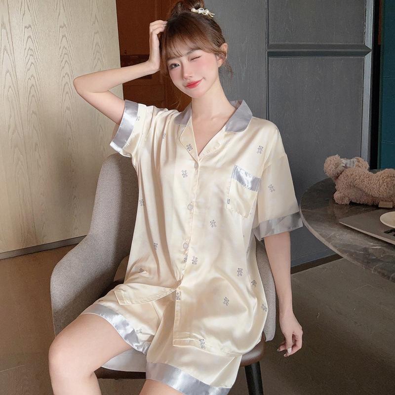 

Летняя французская пижама премиум-класса с мишками, женская, с короткими рукавами и брюками, тонкая, контрастной расцветки, домашняя одежда, женский костюм 2XL